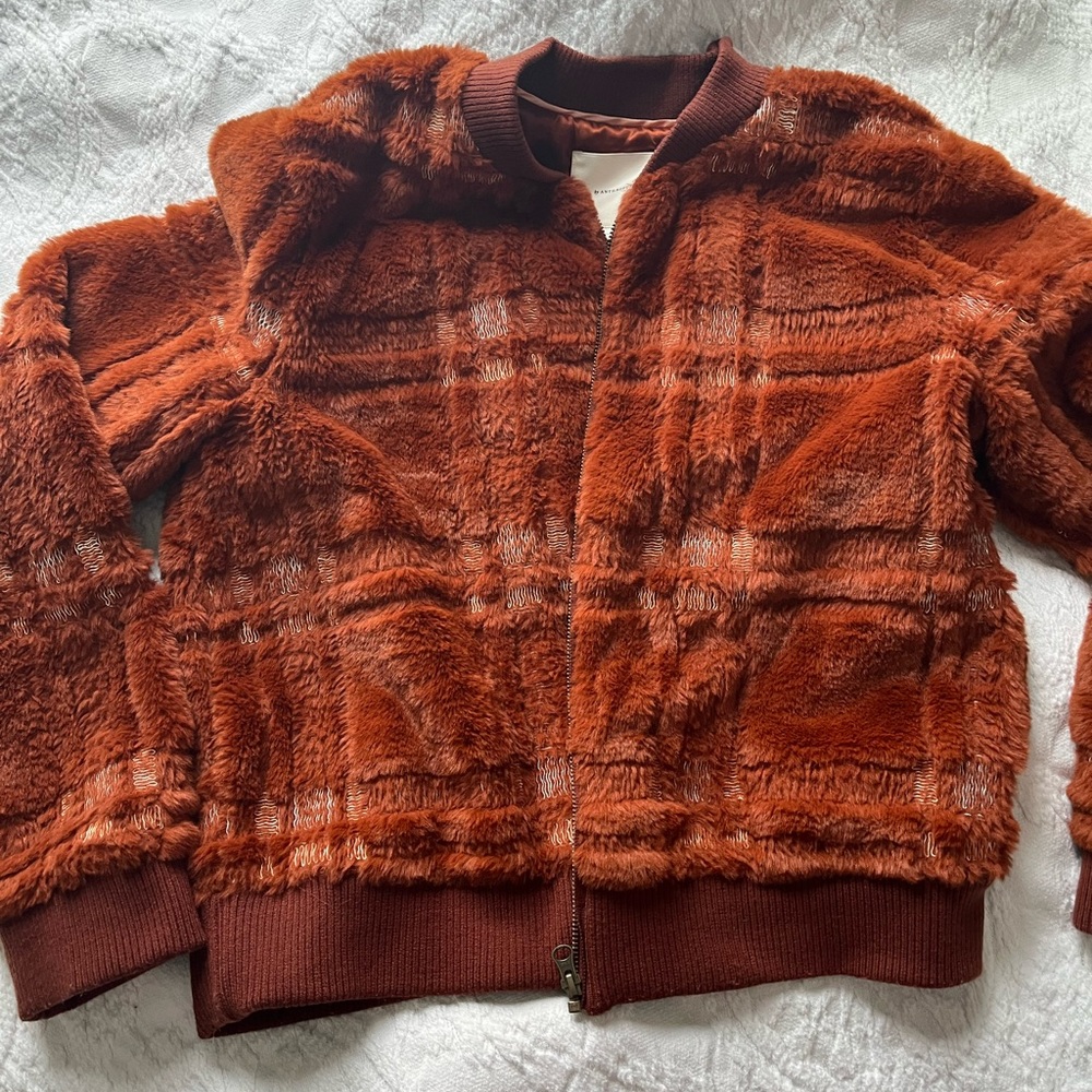 Anthropologie orange faux fur bomber jacket